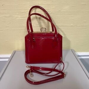 Red Patent Leather Handbag,  W/ Quilted Sides, Top Handle & Shoulder Strap